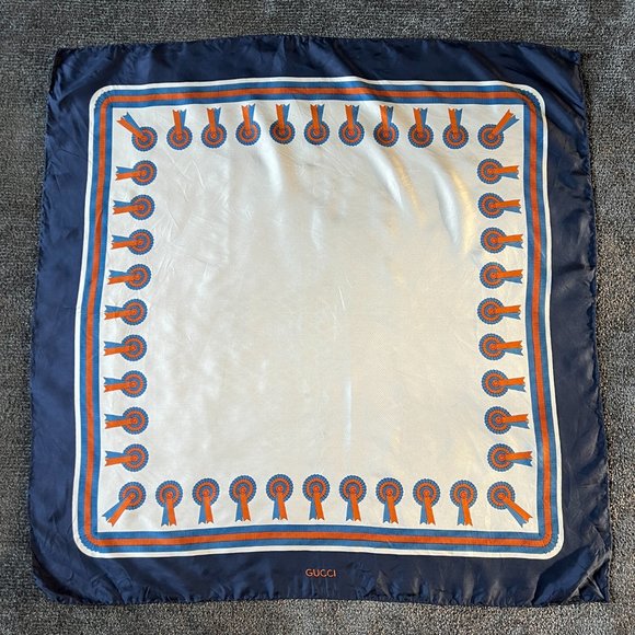Vintage Gucci Silk Scarf Horse Show Ribbon Design Navy Orange Ivory - Picture 1 of 15